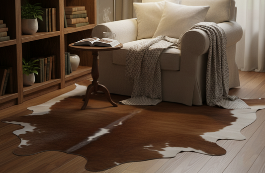 Brown Cowhide Rug in a reading nook
