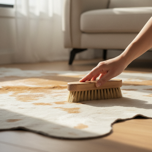 close-up of a hand brushing a light-colored cowhide rug